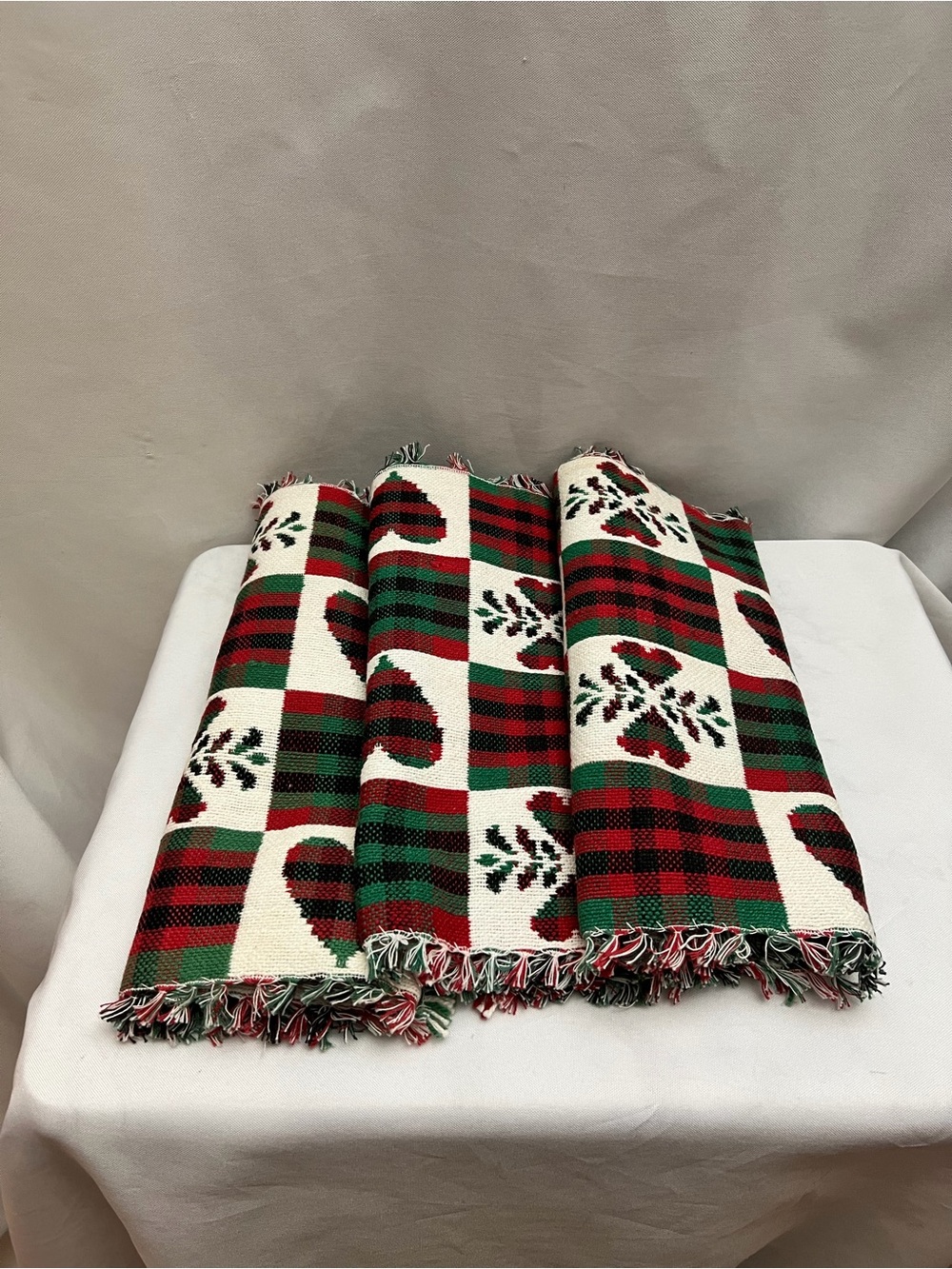 Set of 3 Christmas Woven Placemats Holiday Tapestry Table Mats Fringe Decor